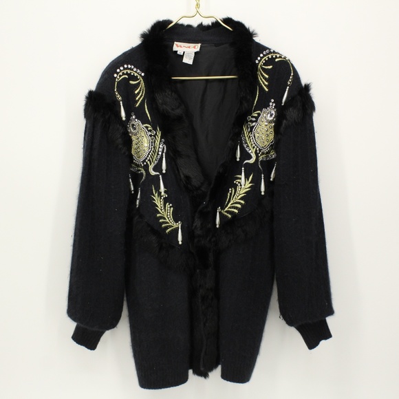 Vintage Sweaters - Vintage Gold Detail Angora & Wool Open Sweater